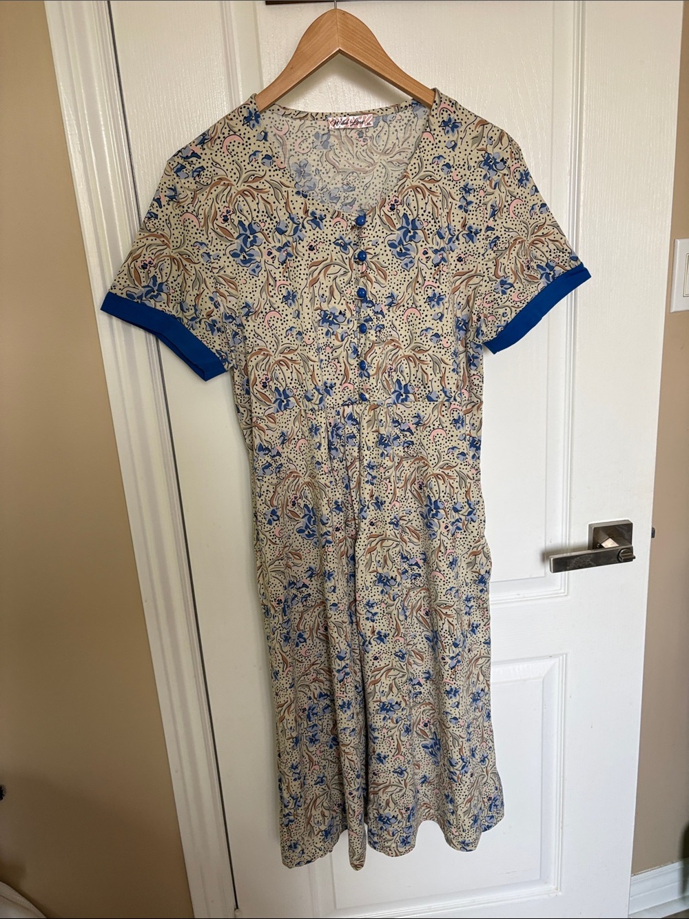 Floral Cream Midi Dress with Blue Trim
